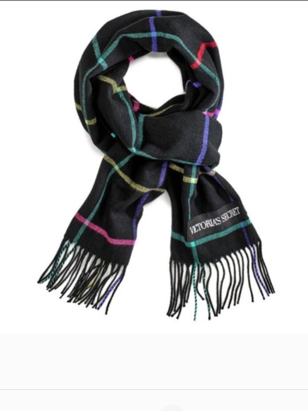New Victoria's Secret Scarf Black Rainbow Check Wrap Fringe Plaid Window Pane